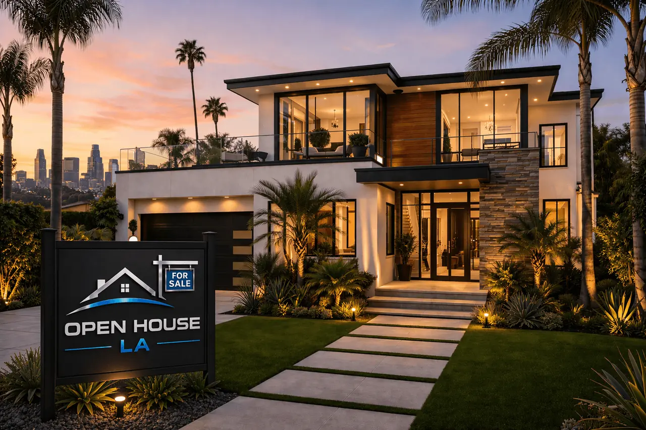 Modern Los Angeles home at dusk with an OpenHouse LA sign on the lawn