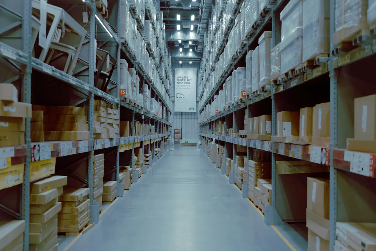 Warehouse aisle with organized shelving